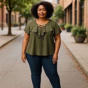 Boutique Olive Green Ruffle Lace Front Blouse